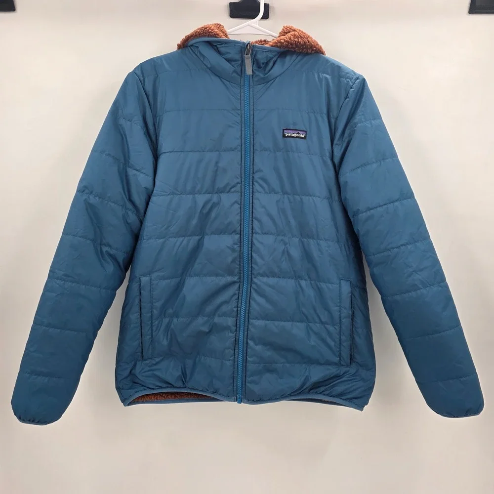PATAGONIA REVERSIBLE HOODIE KIDS XXL 16-18 2XL BLUE BROWN READY FREDDY JACKET